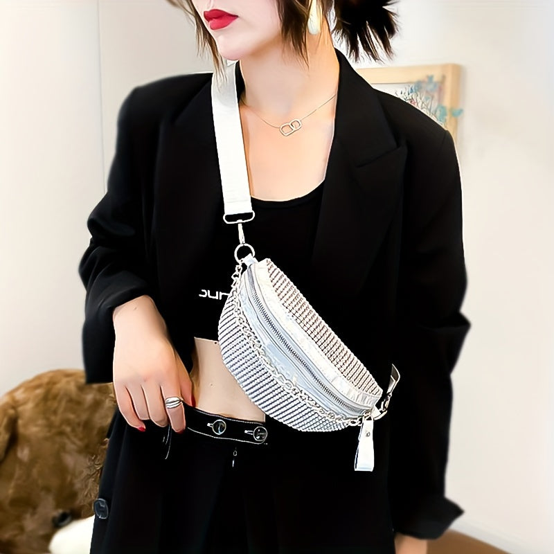 Glittering Rhinestone Fanny Pack with Chain Detail - Stylish Women’s Crossbody Waist Bag, White, Adjustable Strap, Zipper Closure, Perfect for Casual or Festive Occasions, Versatile Crossbody | Rhinestone Embellished | Adju